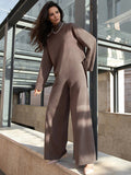 Chicmy-Casual Solid Color Irregularity High-Neck Sweater& Wide Leg Pants Suits