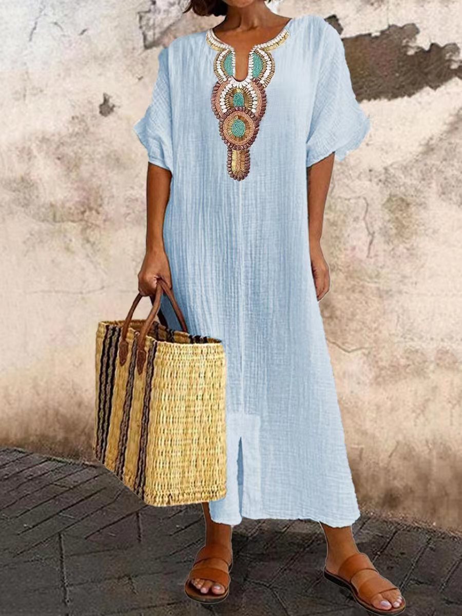 Chicmy- V-neck Casual Loose Retro Ethnic Print Short-sleeved Maxi Dress