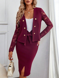 ChicmyLapel Collar Casual Loose Lace Sleeve Button Front Jacket & Tie Front Split Hem Skirt Without Cami Top Two-Piece Set