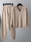 Chicmy-Casual Loose Harem Pants Solid Color V-Neck Sweater Tops Pants Two Pieces Set