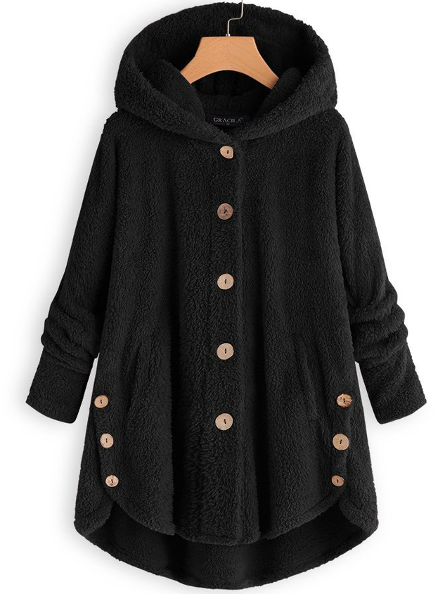 ChicmyWomen Cozy Fleece Hooded Fuzzy Asymmetrical Hem Button Teddy Bear Coat