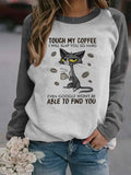 ChicmyJFN Crew Neck Letter Cat Print Long Sleeve Casual Sweatshirt