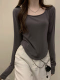 Chicmy-Solid Color Long Sleeves Skinny Square-Neck T-Shirts Tops