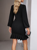 CHICMY-Graduation gift, graduation evening dress Solid Color Falbala Puff Sleeves Long Sleeves Mini Dresses