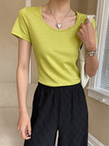 Chicmy-Solid Color Short Sleeves Skinny Leg U-Neck T-Shirts Tops