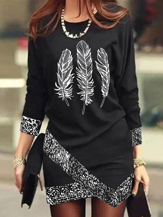 Chicmy- Round Neck Casual Loose Dragonfly Print Long Sleeve Short Dress