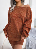 Chicmy-Heathered Boat Neck Lantern Sleeve Sweater Dress