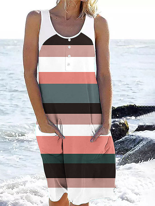 Chicmy- Fashion Printed Button Sleeveless Beach Short Dress