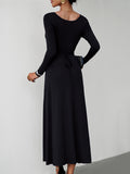 CHICMY-Graduation gift, graduation evening dress Tied Waist Solid Color Skinny Long Sleeves U-Neck Midi Dresses