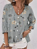 Chicmy-Buttoned Flower Print Long Sleeves Loose V-neck Blouses&shirts Tops