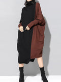 Chicmy-Casual Loose Split-Joint Contrast Color High-Neck Long Sleeves Dress