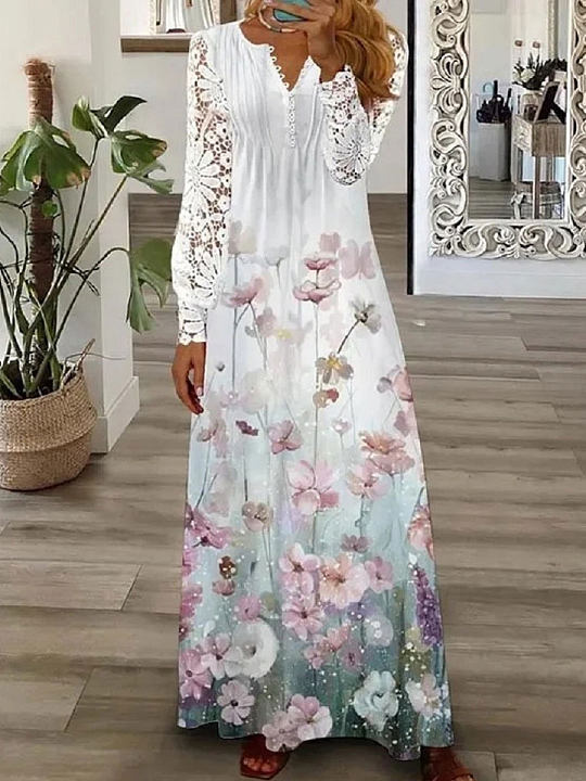 Chicmy- Round Neck Casual Loose Floral Print Lace Long Sleeve Maxi Dress