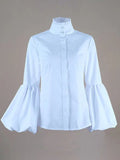 Chicmy-Urban Solid Color Stand Collar Puff Sleeves Blouse