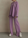 Chicmy-Casual Long Sleeves Loose Solid Color Round-Neck Sweater Tops & Wide Leg Pants Two Pieces Set