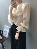 Chicmy-Urban Loose Puff Sleeves Falbala Solid Color Blouse