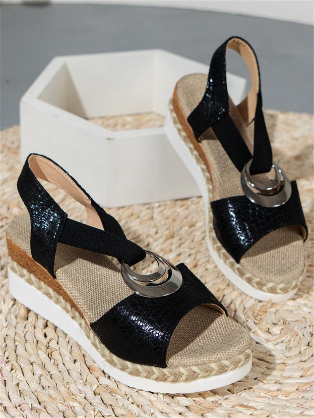 ChicmyVacation Silver Ring Straw Wedge Sandals in Linen