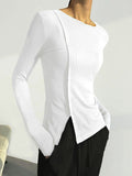 Chicmy-Skinny Solid Color Split-Joint Split-Side Round-Neck T-Shirts