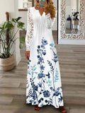 Chicmy- Round Neck Casual Loose Floral Print Lace Panel Long Sleeve Maxi Dress