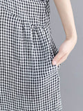 Chicmy-Artistic Retro Loose Split-Joint Plaid Buttoned Stand Collar Half Sleeves Midi Dress
