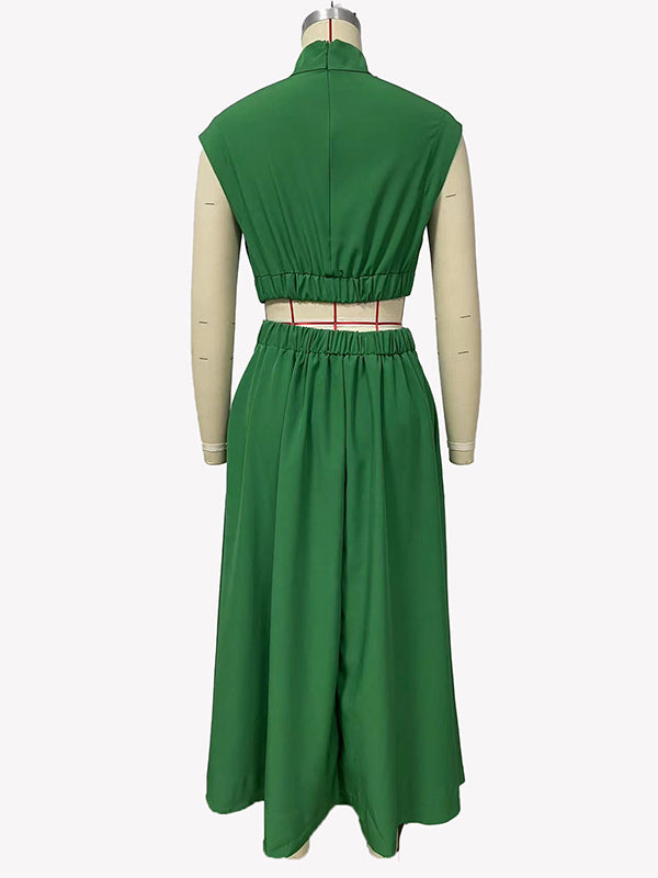 Chicmy-Belly-Hollow Pleated Solid Color Cap Sleeve Stand Collar Maxi Dresses