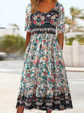 Chicmy- Round Neck Casual Loose Resort Floral Print Short Sleeve Midi Dress