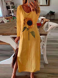 Chicmy- Sunflower Plant Printed Side Slit Long Sleeve Maxi Dress