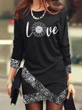 Chicmy- Round Neck Casual Loose Dragonfly Print Long Sleeve Short Dress