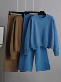 Chicmy-Urban Loose Long Sleeves Solid Color Round-Neck High-Low Sweater Tops & Wide Leg Pants Suits