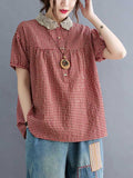 Chicmy-Cotton Blend Plaid Polo Puff Sleeve T-Shirts Tops