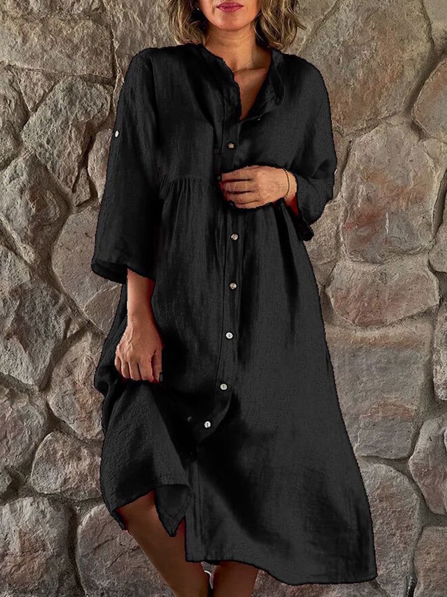 Chicmy- Casual Loose Cotton And Linen Shirt Collar Button Midi Dress