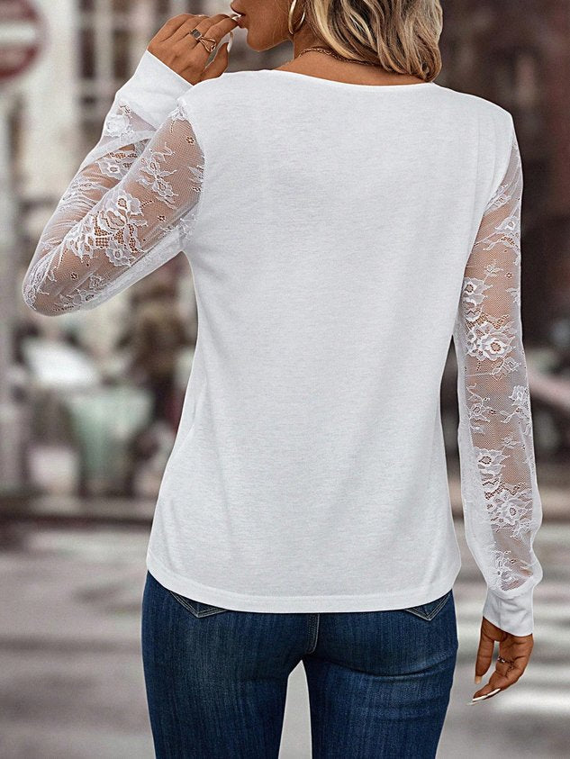 ChicmyPlain Casual V Neck Lace T-Shirt