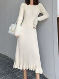 Chicmy-Ruffled Solid Color Long Sleeves Loose Round-Neck Sweater Dresses Midi Dresses