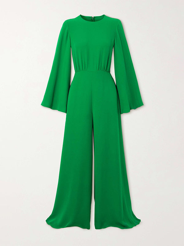 Chicmy-Solid Color Split-Joint Zipper Flared Sleeves Long Sleeves Round-Neck Wide Leg Jumpsuits
