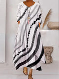 Chicmy- V-neck Loose Colorblock Print Holiday Long Sleeve Maxi Dress