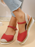 ChicmyLinen-Panel Suede Straw Wedge Sandals