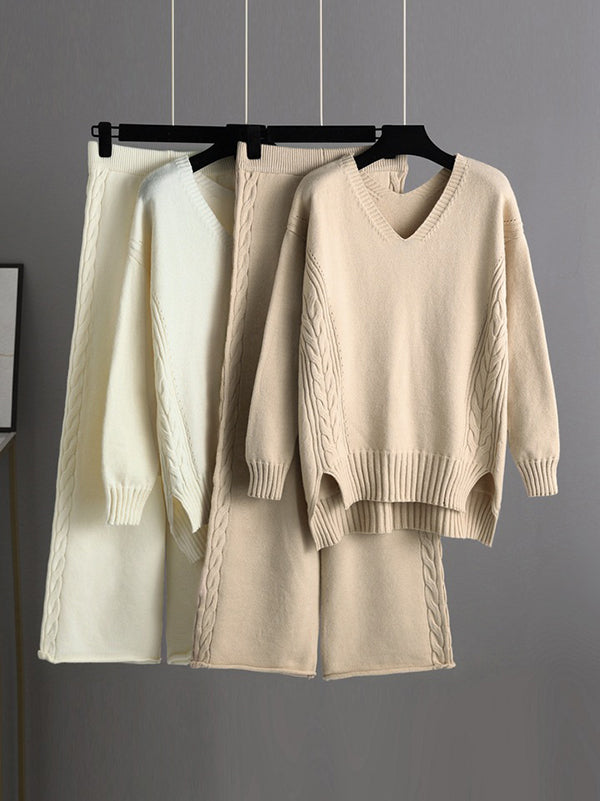 Chicmy-Stylish Loose Long Sleeves Solid Color V-Neck Sweater Tops& Wide Leg Pants Two Pieces Set