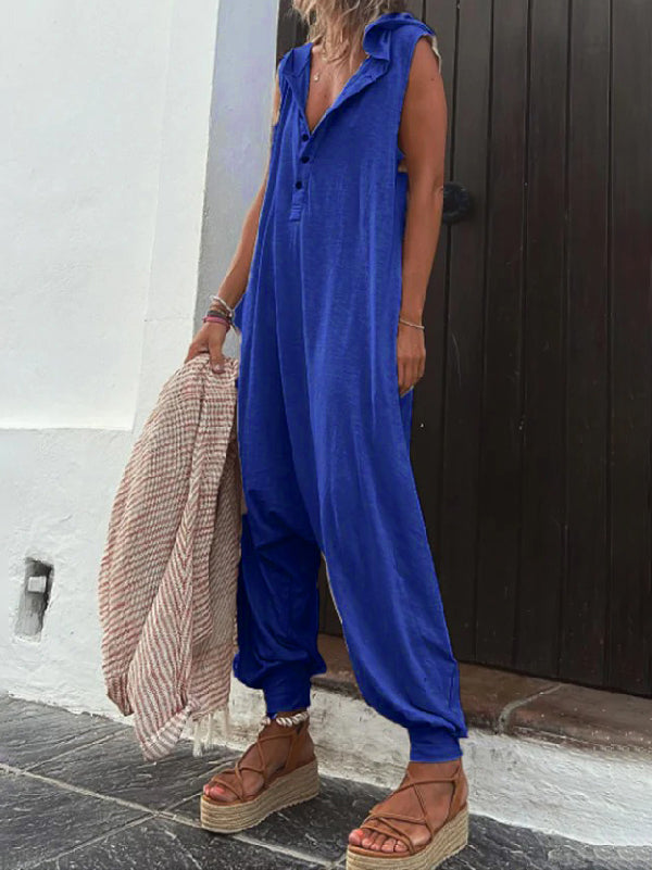 Chicmy-Buttoned Loose Sleeveless V-neck Jumpsuits