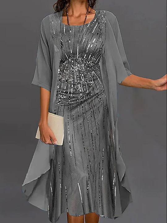 Chicmy- Round Neck Loose Sequin Print Resort Long Sleeve Set Midi Dress