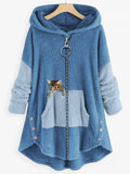 ChicmyWomen Color Block Fluff/Granular Fleece Fabric Cat Zipper Hooded Coat