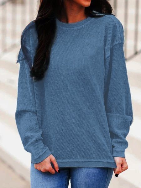 ChicmyWomen Basic Blue Casual Solid Crew Neck Long Sleeve Shirt&Top