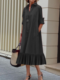 Chicmy-A-Line Long Sleeves Pleated Solid Color Lapel Collar Midi Dresses