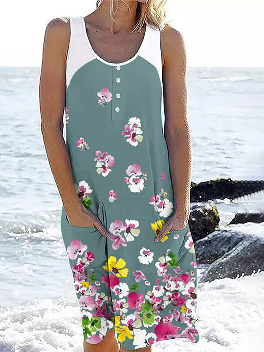 Chicmy- Fashion Printed Button Sleeveless Beach Short Dress