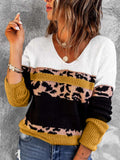 Chicmy-Women's Sweater Leopard Color Block V-Neck Rib-Knit Sweater