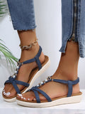 ChicmyJFN Pearl Beaded Thin Strap Cross Bohemian Casual Sandals