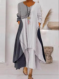 Chicmy- V-neck Loose Colorblock Print Holiday Long Sleeve Maxi Dress