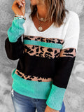 Chicmy-Women's Sweater Leopard Color Block V-Neck Rib-Knit Sweater