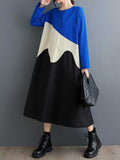 Chicmy-Contrast Color A-Line Long Sleeves Round-Neck Midi Dresses