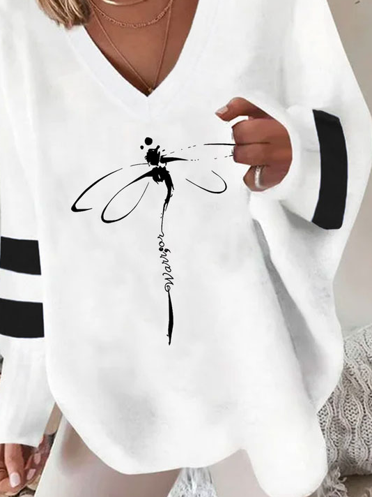 ChicmyCasual V Neck Dragonfly Sweatshirt