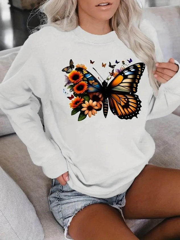 ChicmyCasual Crew Neck Butterfly Loose Sweatshirt