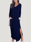 CHICMY-Graduation gift, graduation evening dress Split-Side Solid Color Loose Long Sleeves V-Neck Maxi Dresses